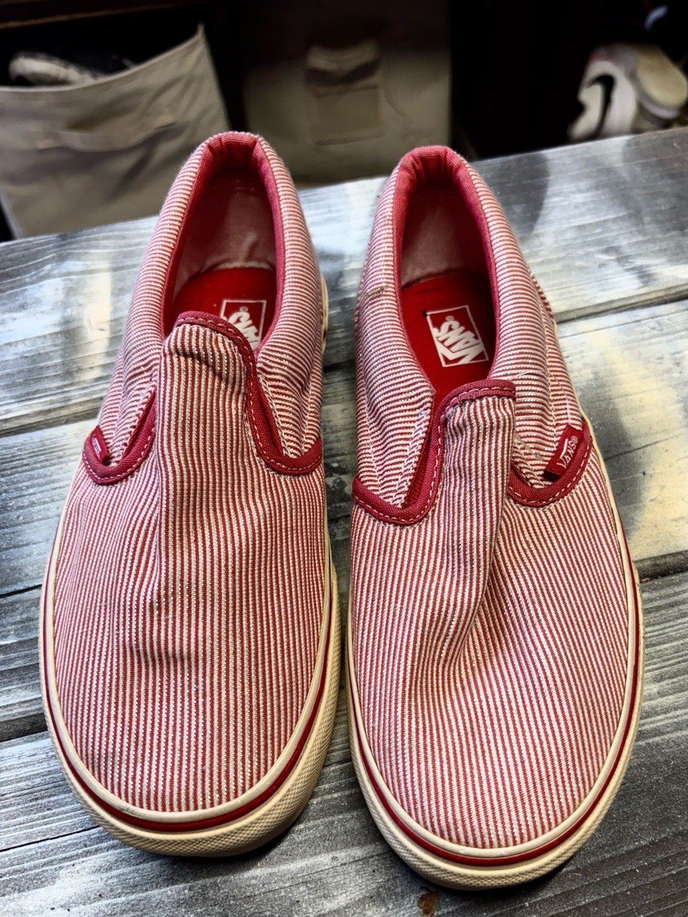 Vans Slip OnsRed & white vertical striped canvas sneakers womens 5.5 good cond